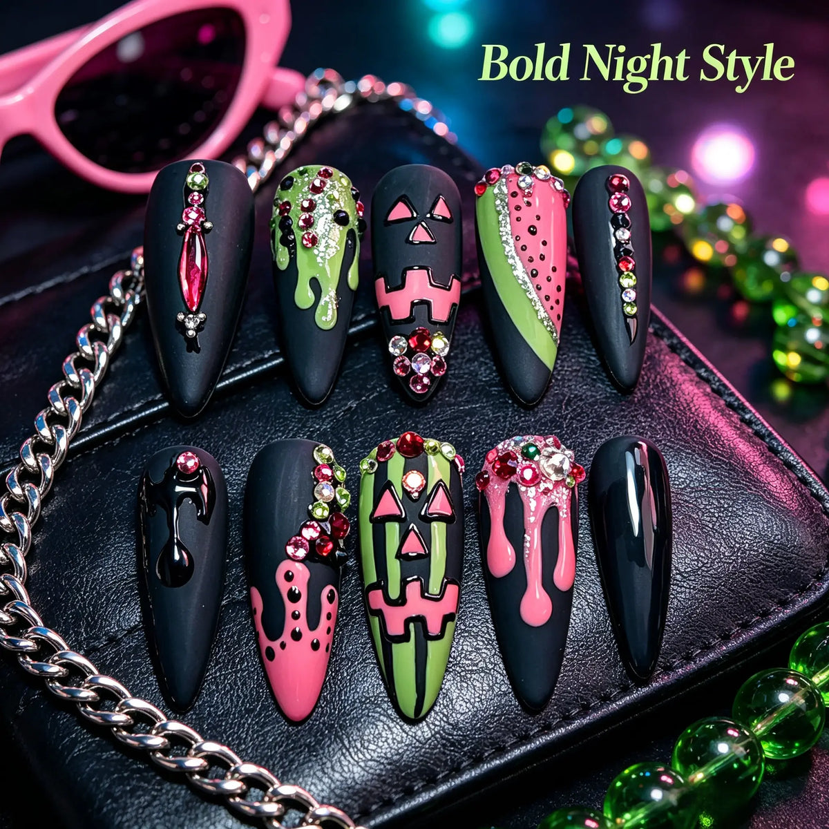 Gothic Y2K Nail Art Design with Black Base, Pink & Green Drip Effects, Rhinestone Details and Halloween Inspired Style, Trendy Dark Aesthetic Manicure Look for Parties, Festivals, Fashion and Everyday Statement Style