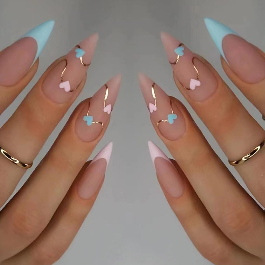 Ombre Almond Press on Nails Pink White Short Medium Fake Nail with Bling Designs Stick on fake on Nail for Wedding Manicure Classy for Women Gel Full Cover 24 Pcs