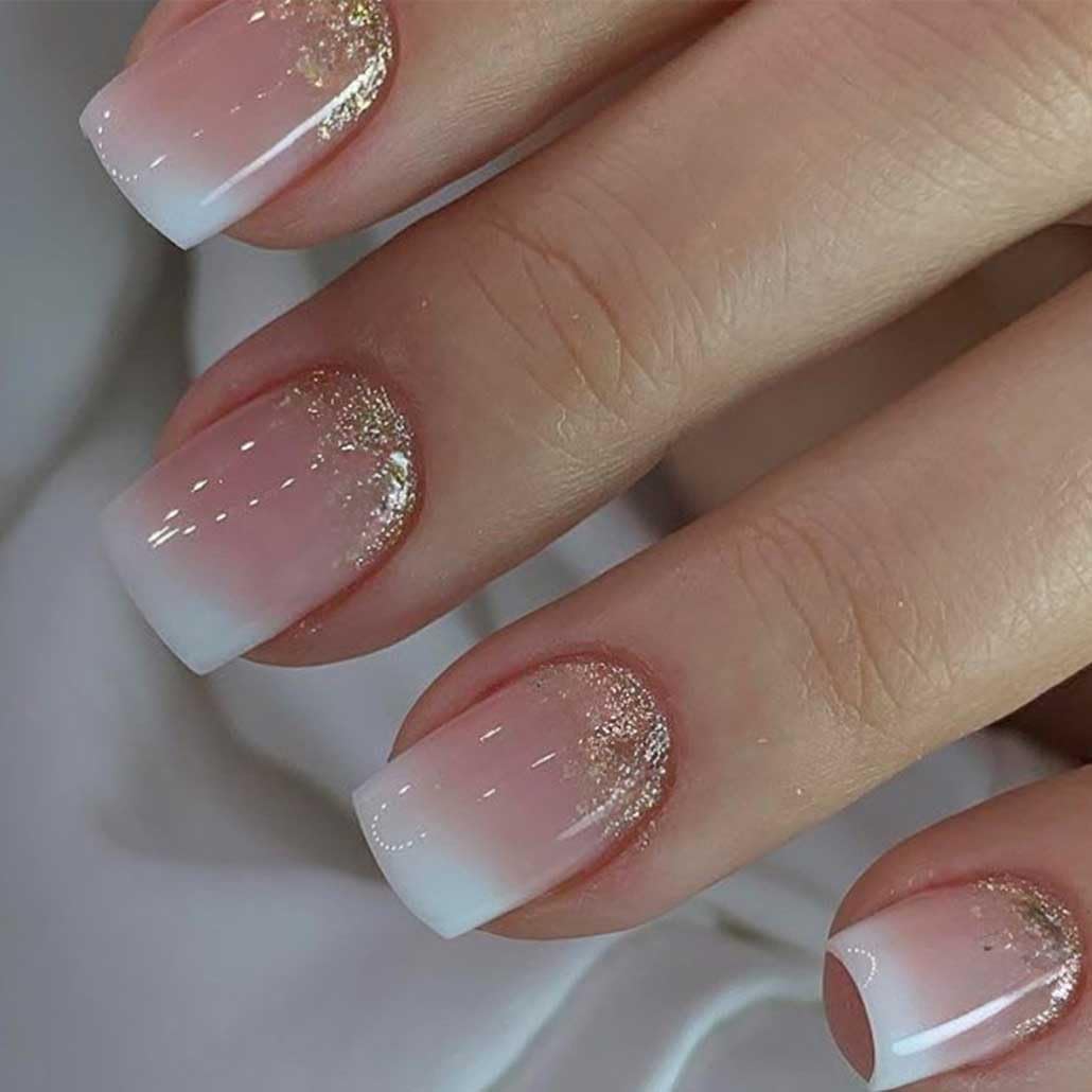 Foccna Press on Nails Almond Fake Nails with Gold Line Design Glue on Nails Acrylic Nails Glossy Full Cover Stick on Nails for Women 24Pcs