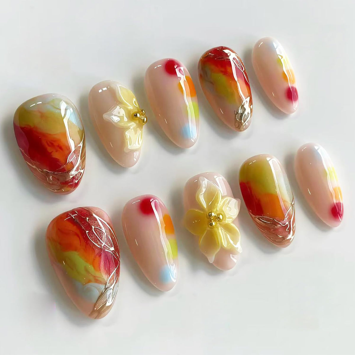 Almond Press on Nails White Flower with Gold Rhinestone Wedding Fake Nails