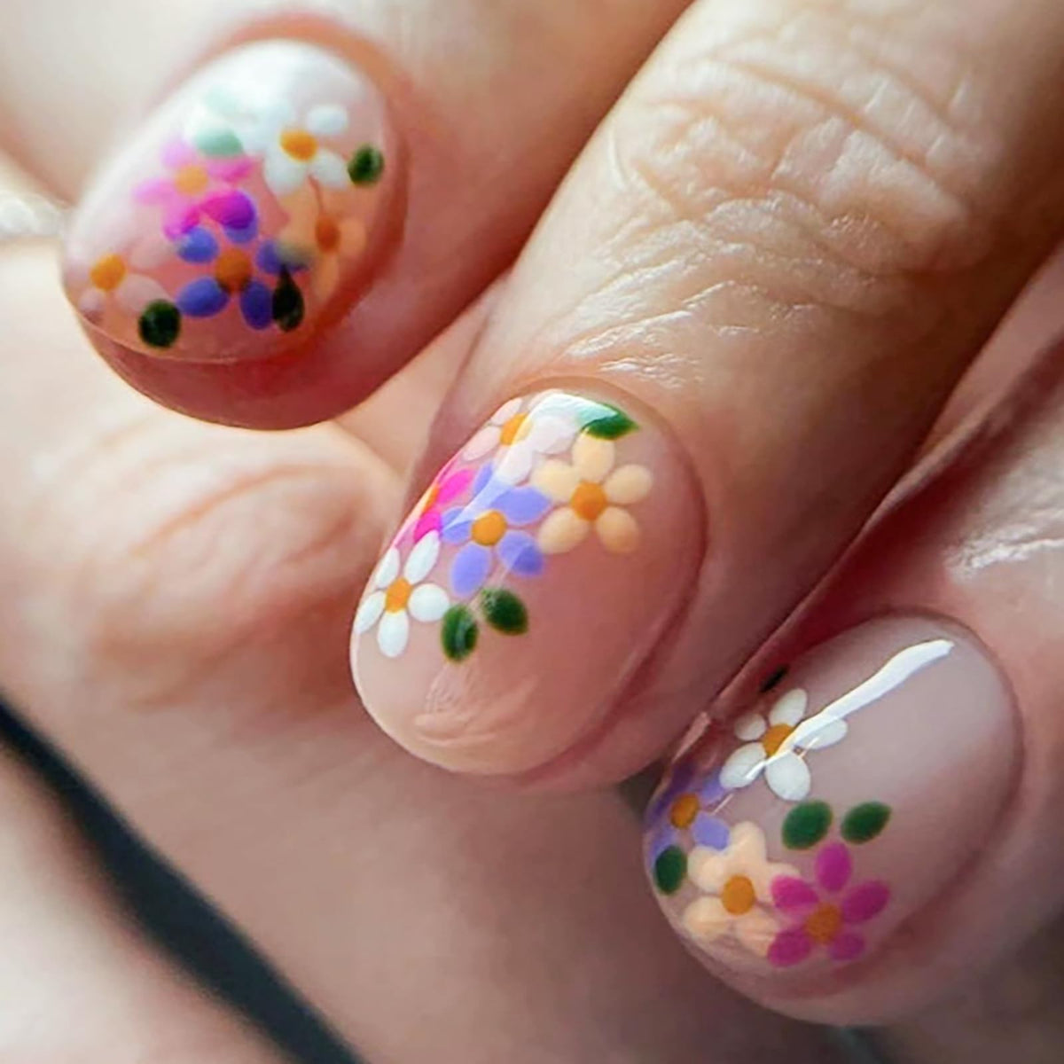 Almond Press on Nails Medium, Handmade White French Tip 3D Nude Fake Nails with Pearl Flower Leaf, Reusable Acrylic Stick On Nails for Women Wedding Bridal Party 24Pcs
