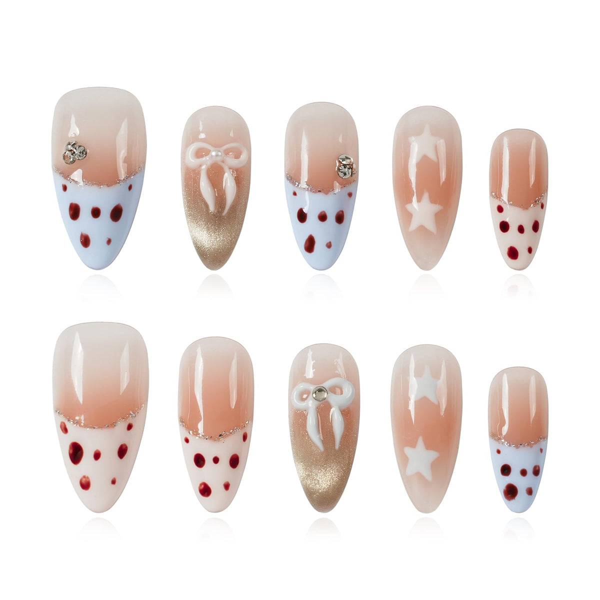 Gothic 3D Floral Press on Nails Medium Almond - Gold Cross & Rhinestone Design, Handmade Pearl Luxury Dark Romantic Reusable Nails (Orange Diamond Sweet Luxury,L)