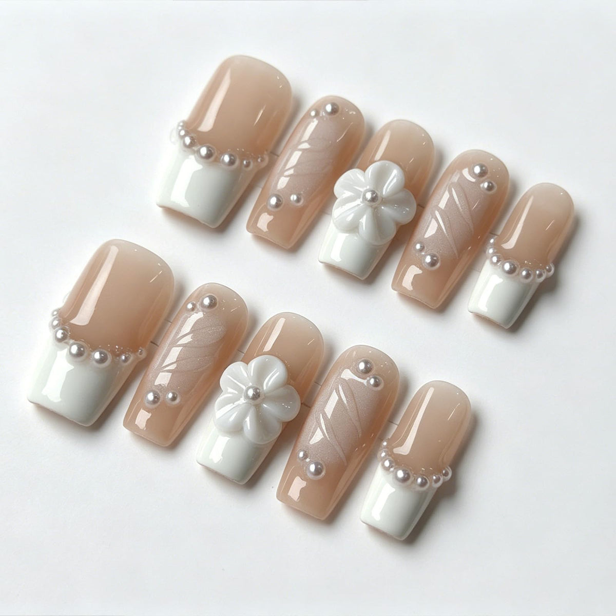 Nude Gradient Long Square Handmade French Tip Press On Nails