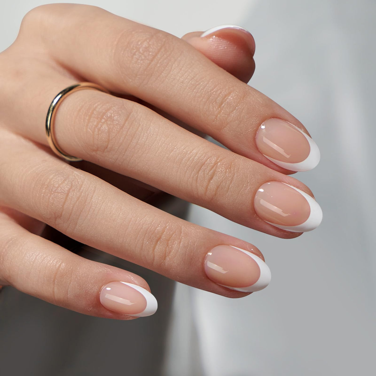 BTArtbox Press On Nails, Short Almond French Tip Nails, 32 Pcs Full Kit