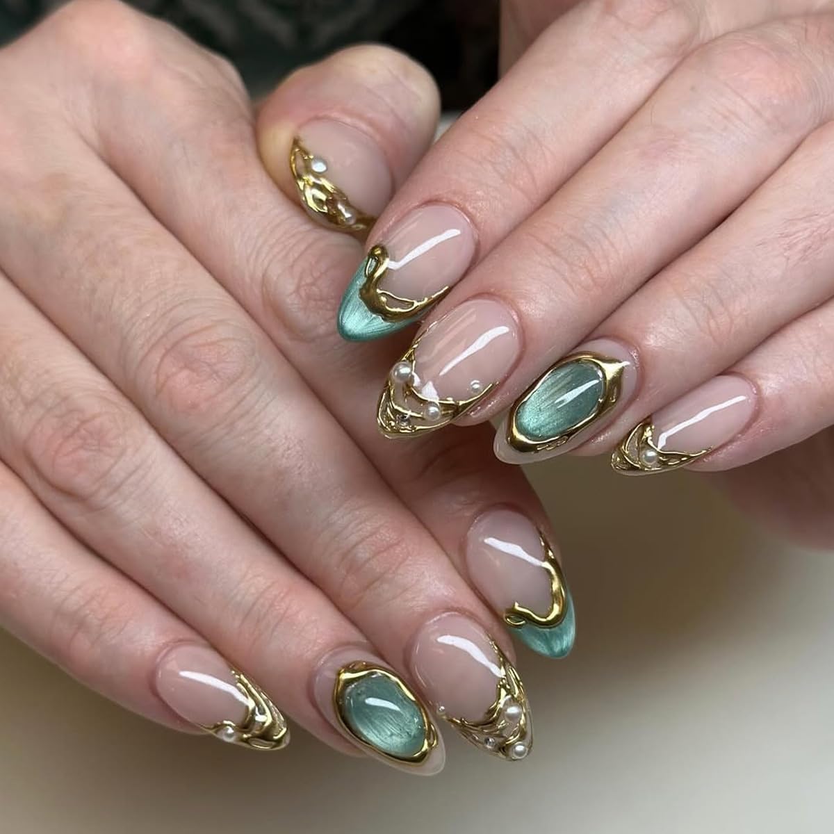 French Tip Press on Nails Medium Almond Fake Nails White Pearl False Nail Tips Summer Wedding Acrylic Nails Glossy Beach Glue on Nails Reusable Cute Stick on Nails for Women Manicure