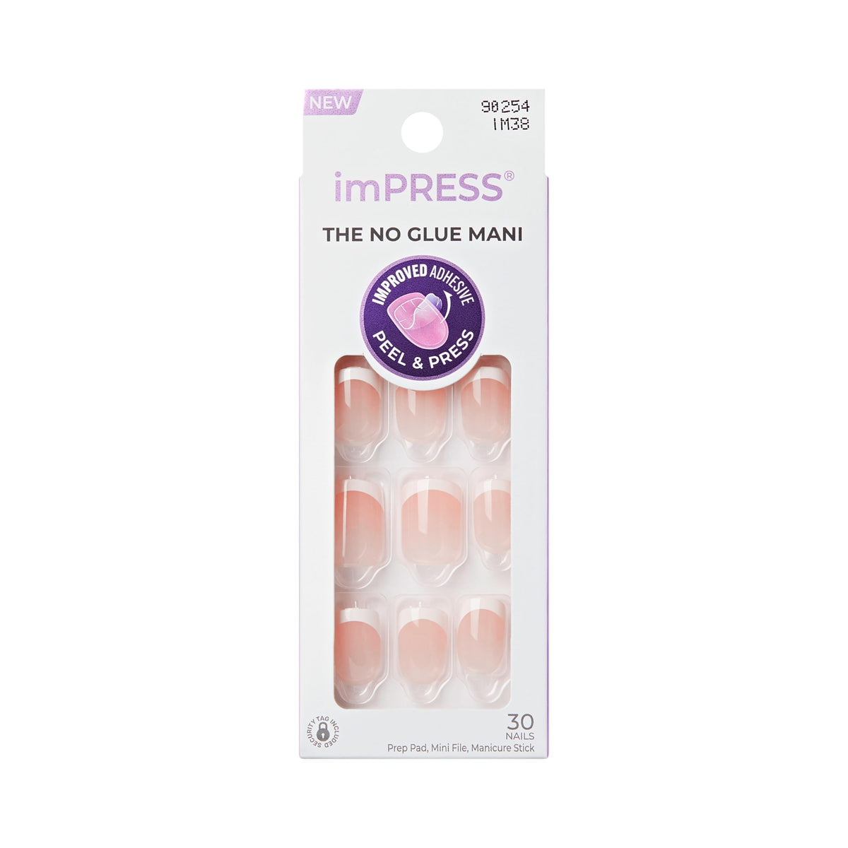 Kiss Impress No Glue Mani Press On Nails, Design, 'Chic French', White, Short Size, Squoval Shape, Includes 30 Nails, Prep Pad, 1 Manicure Stick, 1 Mini File