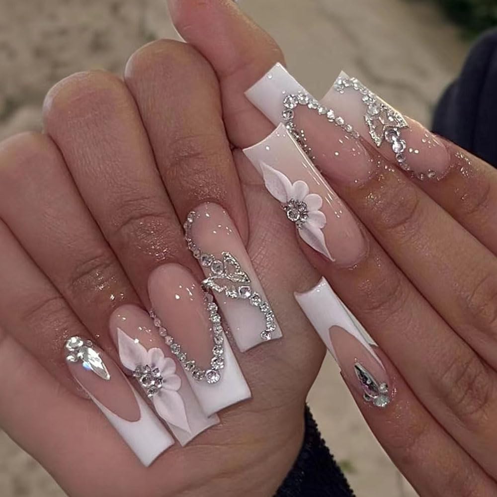 Ombre Pink White Press on Nails Long Square BAOYAALIN, Glitter Fake Nails with Rhinestones Design Gel Glue on Nails for Women Full Cover Acrylic Artificial False Stick on Nail for Wedding 24Pcs