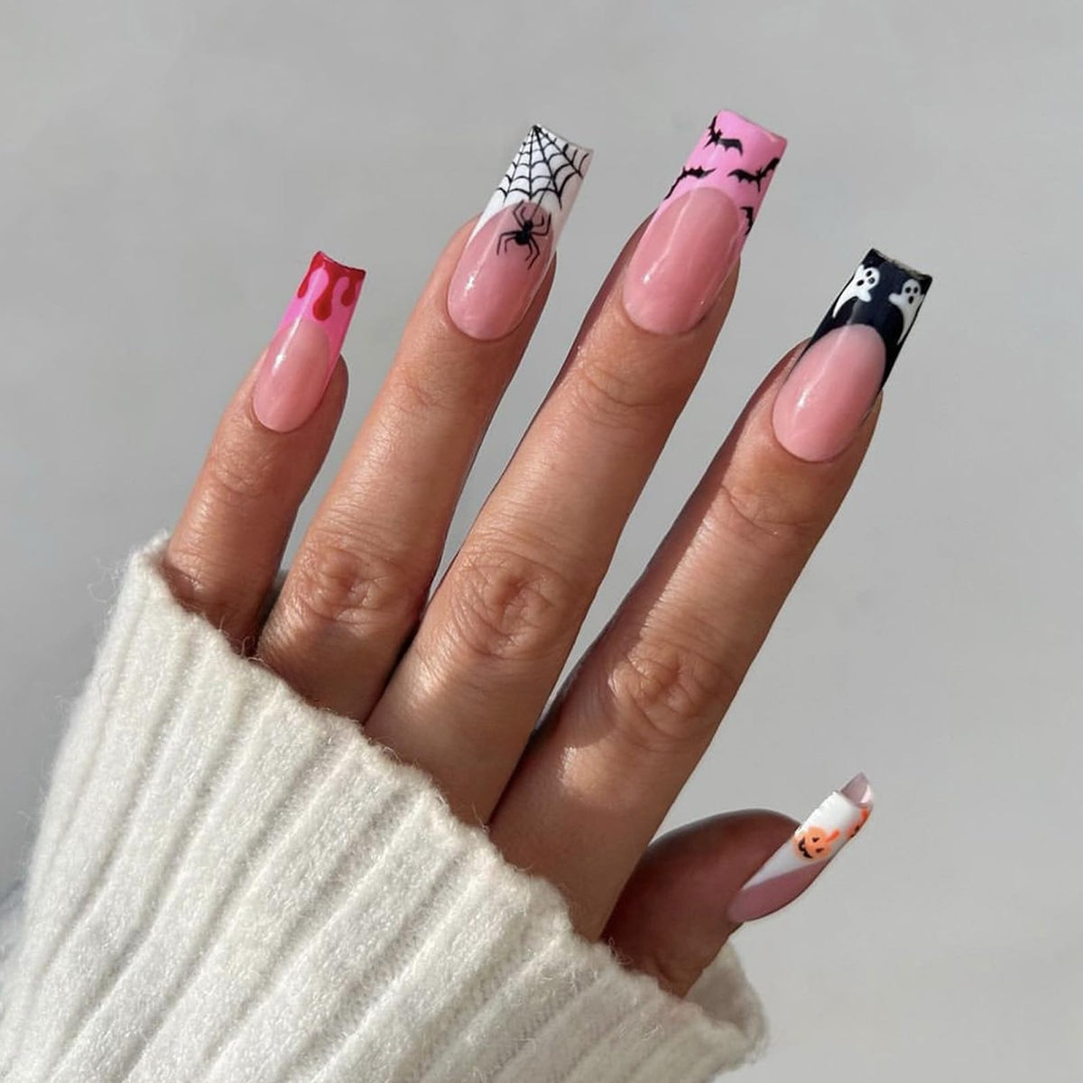 IMSOHOT Luxury Handmade Press on Nails Long Square Fake Nails with 3D Flower Designs Glossy Blue French Tips False Nails Full Cover Acrylic Glue Stick on Nails for Women