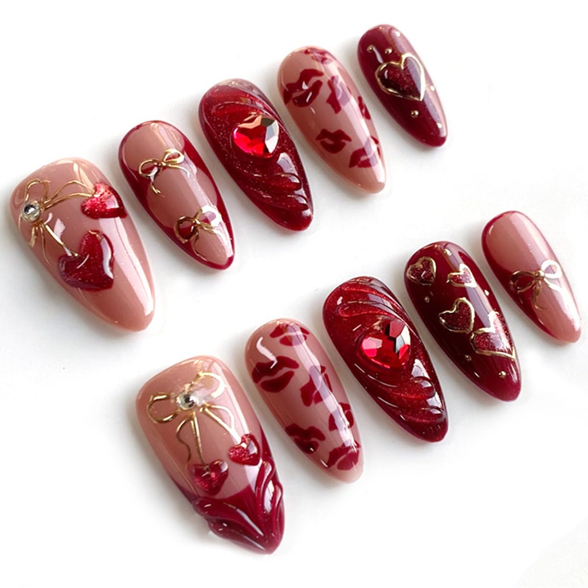 Medium Almond Press on Nails - White French Tip with 3D Flower Rhinestones