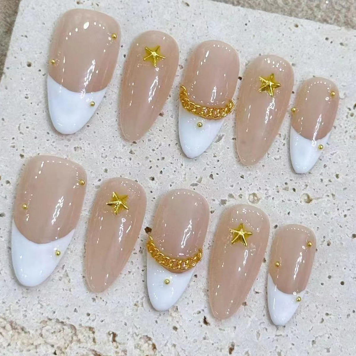 Nude Jelly Press on Nails Long Coffin, Handmade Luxury Rhinestone False Nails with Crystal & Pearl, Glossy Nude Ballerina Fake Nails Reusable Stick On Nails Set for Women 10Pcs