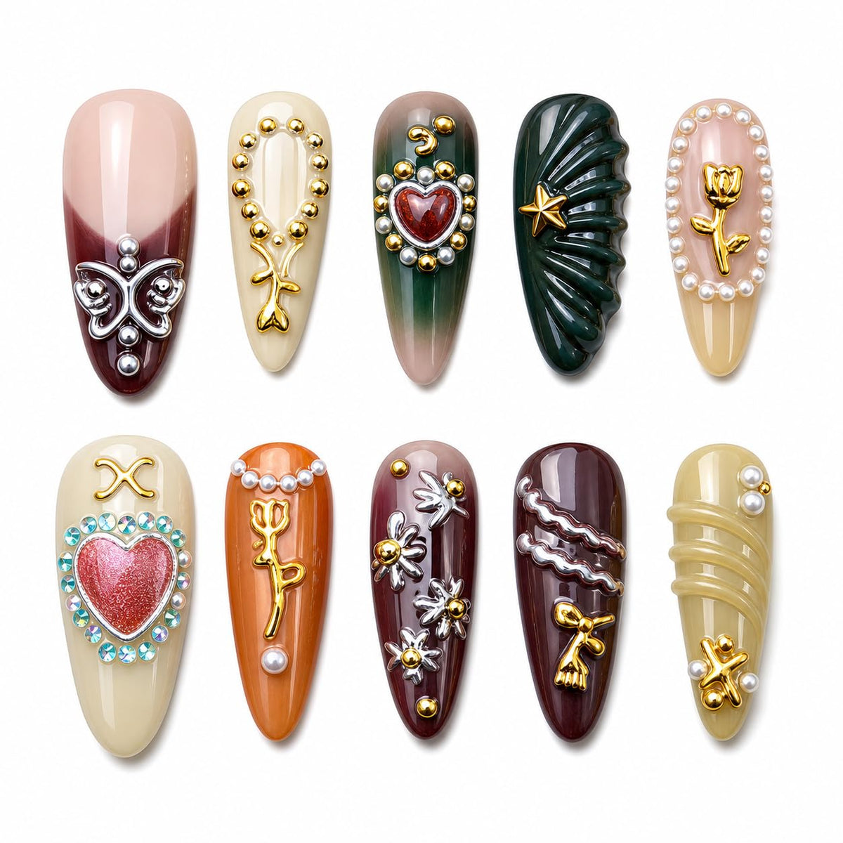 10pcs 3D Metallic Press on Nails Long Almond Handmade, Luxury Ornate Textured False Nails with Gold Silver Chrome Designs, Punk Style Studded Glue on Nails for Women, Gothic Avant-Garde Acrylic Nails