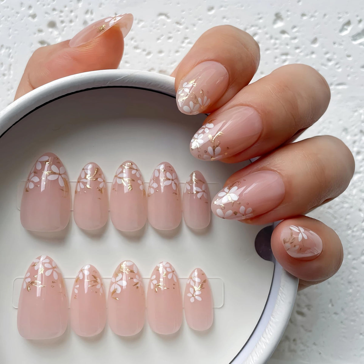 Nude Pearl Gold French Press on Nails Medium Almond Fake Nails Kit 24PCS