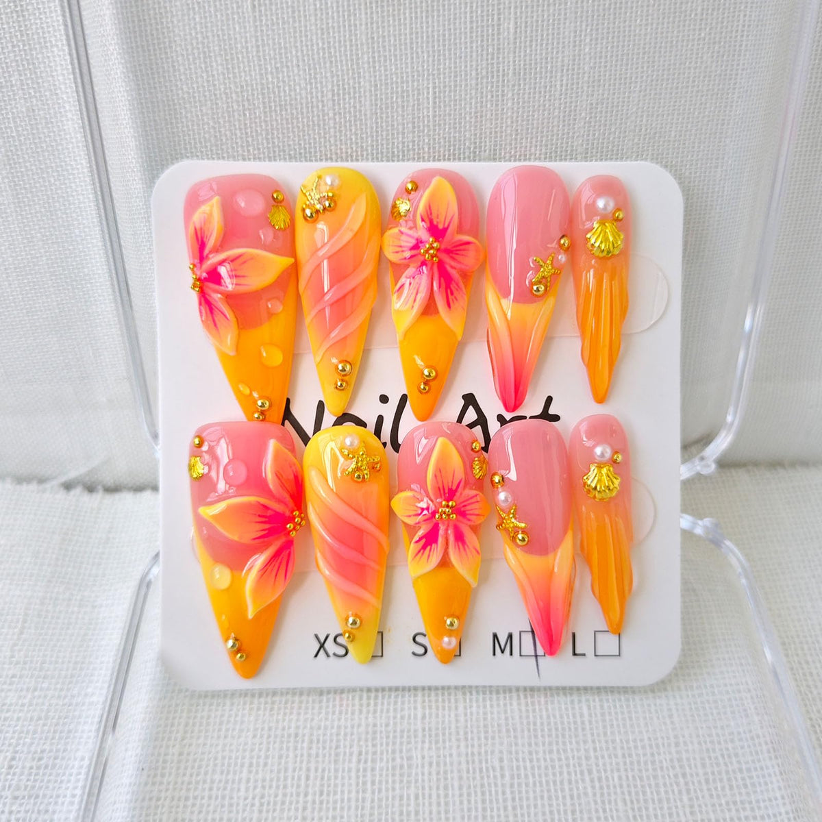 Press on Nails Long Stiletto Handmade French Yellow 10Pcs (Size M)
