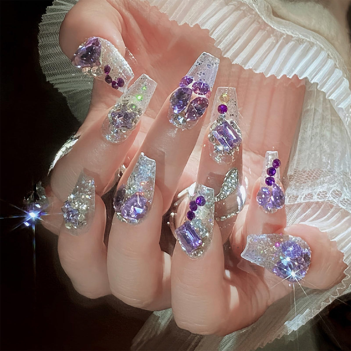 SINHOT Luxury Press on Nails - Long Coffin Fake Nails 3D Handmade Cute Pink Reusable False Nails with Rhinestone Designs,DIY Artificial Nail Art, 24pcs