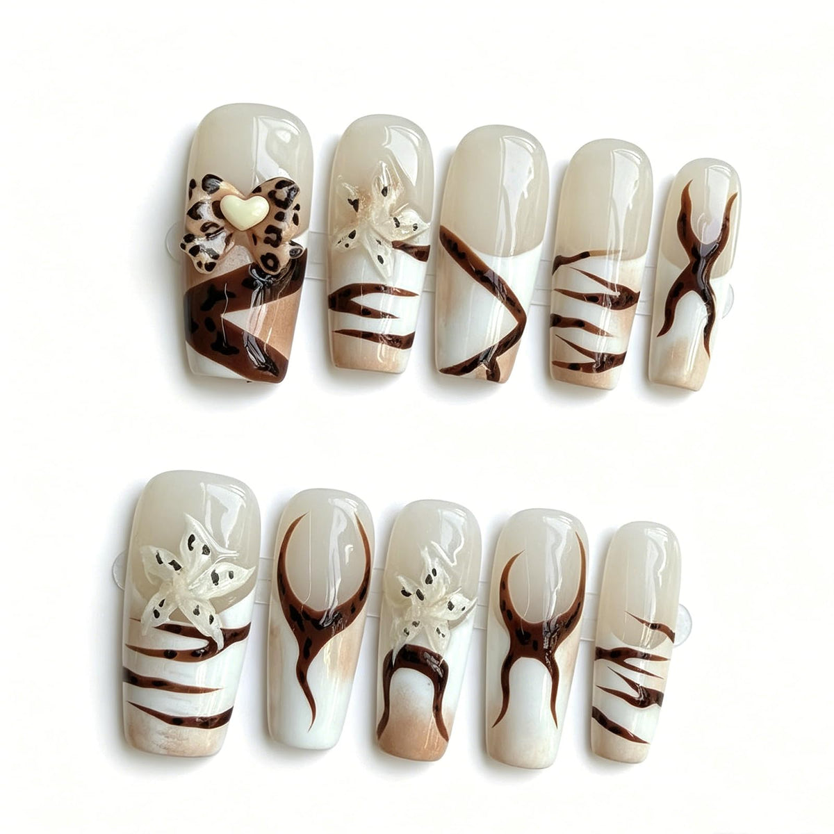 Handmade Press On Nails – Short Almond False Nails for Women, Reusable Acrylic White French Tip with Pearl & 3D Flowers Design – Salon Quality Fake Nails (10PCS Size S)