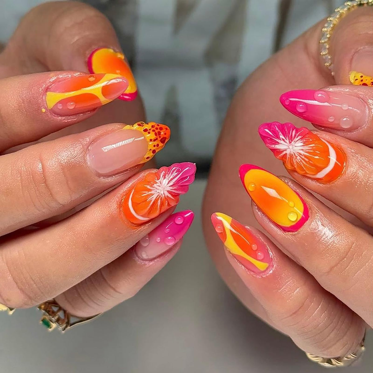 Long Almond Glitter Press on Nails Nude Pink Fashion Gold Fake Nails Full Cover Sparkling Stick On Nails Glossy Thin Design Glue on Nails for Girl Women False Nails Daily Office Party Wedding 24 Pcs