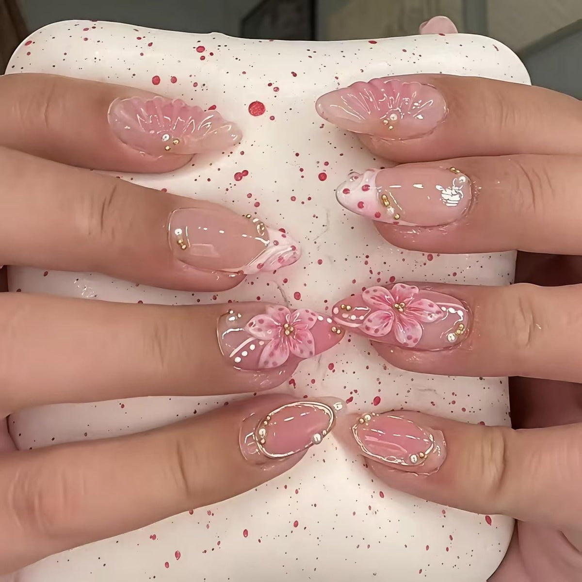 Almond Press on Nails Medium Fake Nails with 5D Metal Lines Charm Design Glossy Pink Nails Press on Curve Glue on Nails Reusable Luxury Silver Beads Acrylic Nail for Women 24Pcs