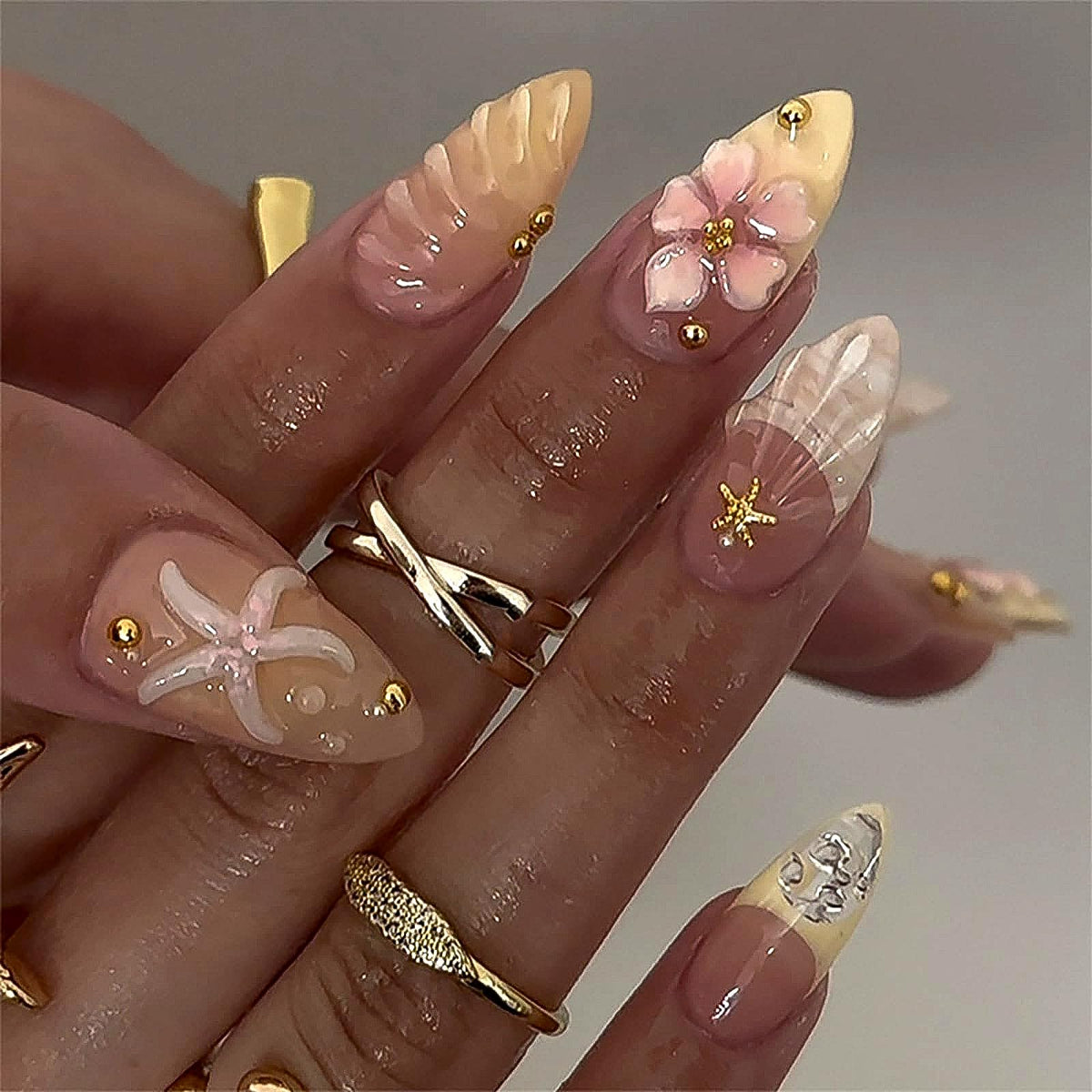 HOSAILY Luxury Press on Nails Medium Almond Rhinestones French Designs Fake Nails, 24PCS Glossy Sparkle Colorful Gems Stick on Nails for Women Party Daily Wear