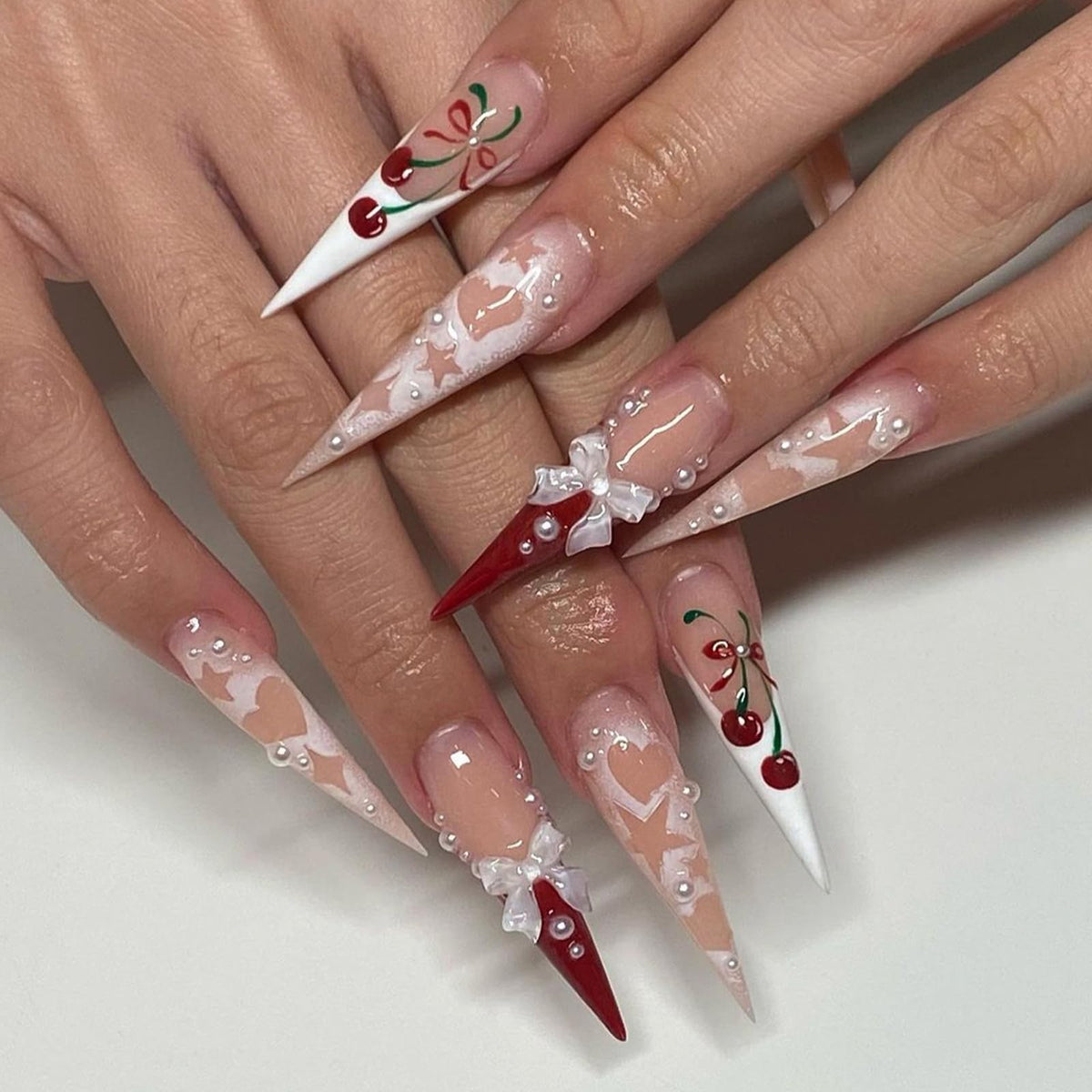 3D Gold Press on Nails Long Stiletto Fake Nails Glossy Nude Blue Full Cover