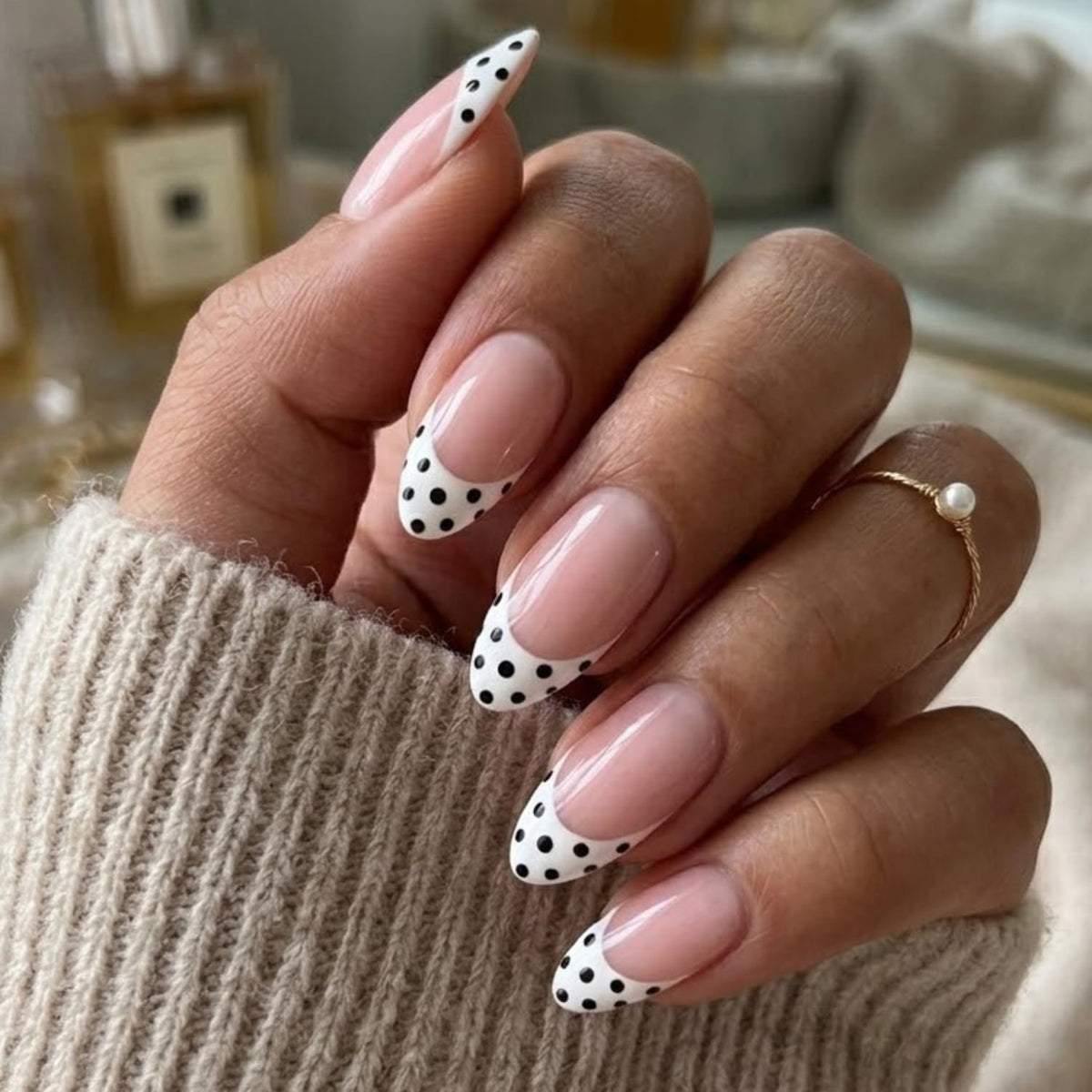 Gold French Tip Press On Nails Medium Almond Fake Nails with Pearl Designs Glossy Nude Pink Glue On Nail Reusable Full Cover Acrylic Nail for Women Office Wedding Date Night 24 PCS