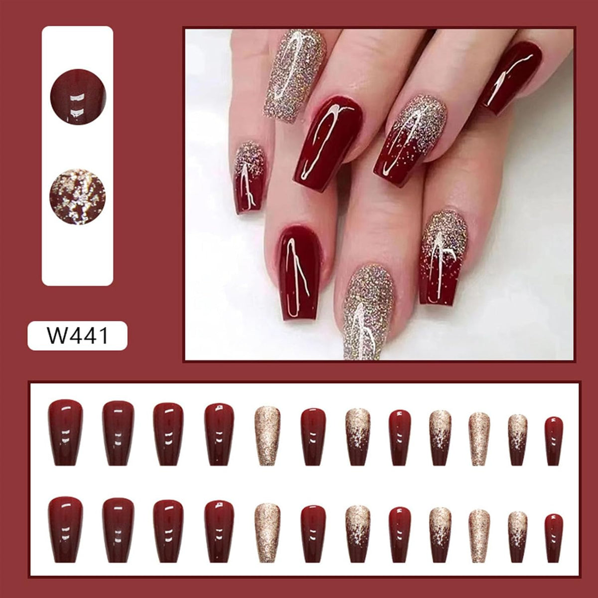 Wedding Shiny Red Wine Color Press On Nails, Mid Size Fake Nails, Bride's Best Fake Nails with Shiny luster and Gold Powder, Detachable Acrylic Nails and Suitable for Women and Girl's Nail Art, 24 PCS