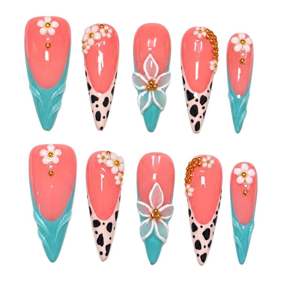 Handmade Press on Nails Long Stiletto - Liquid Gold Abstract Acrylic Fake Nails with Blue Shimmer & Colorful Gems, Luxury Reusable False Nails 10 pcs (Size M)