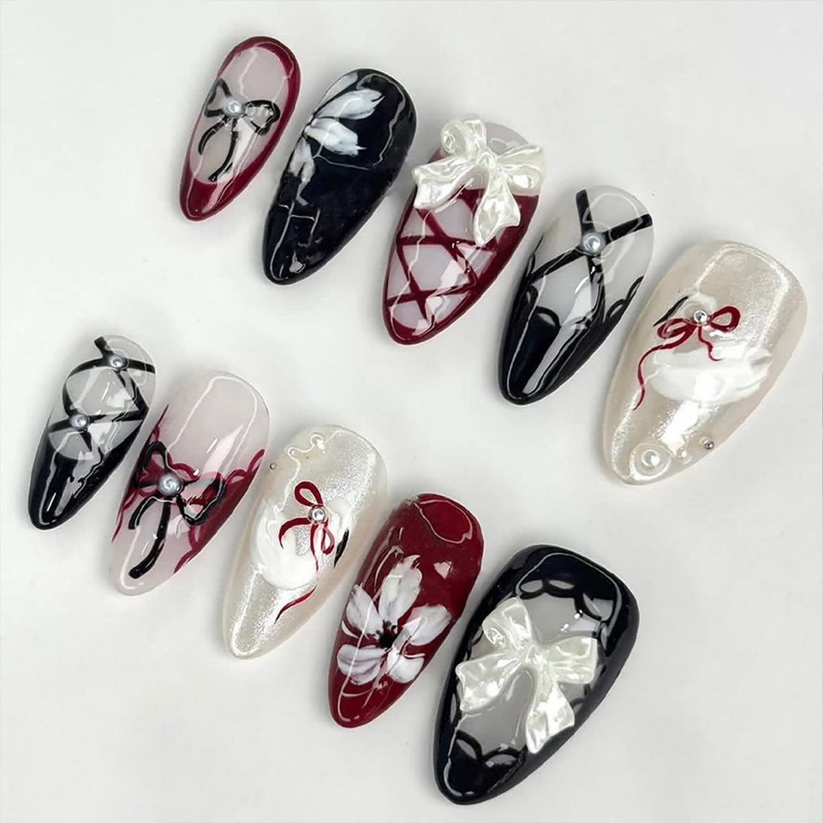 24Pcs White French Tip Press on Nails Medium Almond Fake Nails with Heart Pearl Design French Tip False Nails Cute 3D Bow Gems Stick on Nail Full Cover Reusable Glue on Nails for Women Wedding Daily