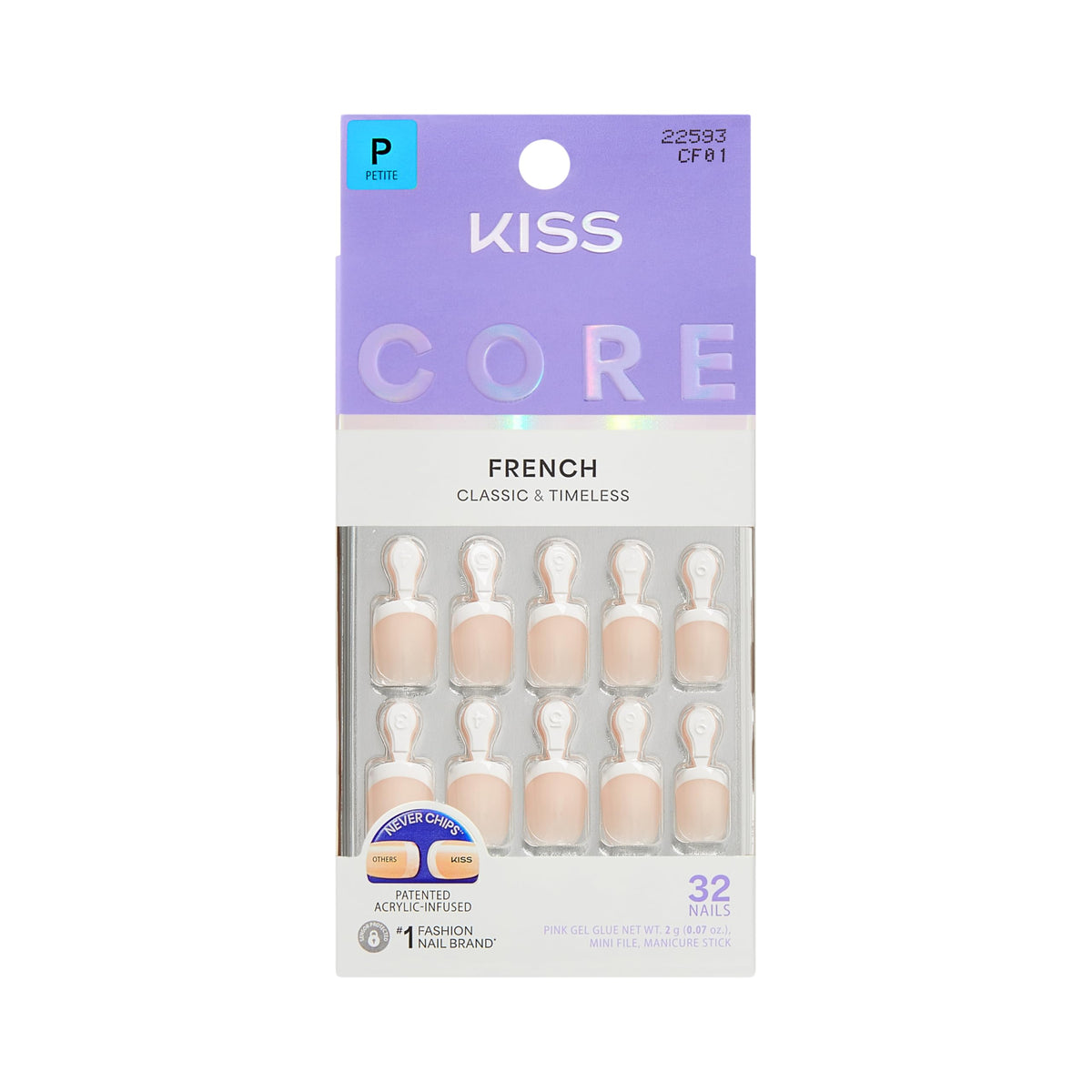Kiss Core, Press On Nails, Nail glue included, 'Curiosity', White, Medium Size, Almond Shape, Includes 32 Nails, 2g Glue, 1 Manicure Stick, 1 Mini File