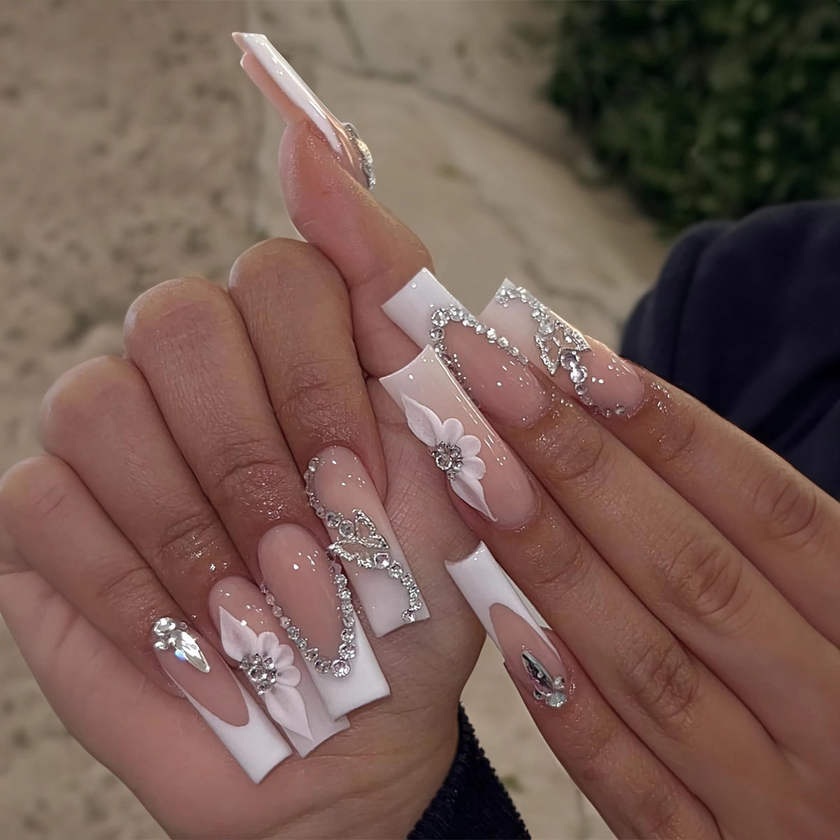 BABALAL Press on Nails, Extra Long Square Fake Nails, Gold Chrome French Tip, Luxury Rhinestone & Star Charm Design, Bling Shiny Reusable Glue on Nails 24Pcs