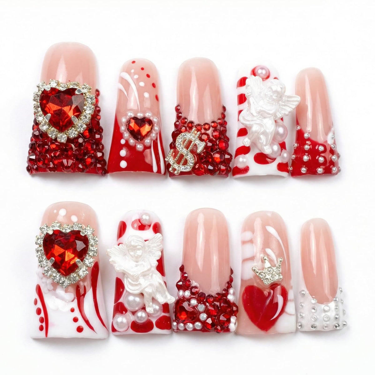 Handmade Long Duck Press on Nails - Luxury Crystal French Tip False Nails with Rhinestones, Diamond Jelly Pink Fake Nails, 10 Pack Gel Nails for Women (Size M)