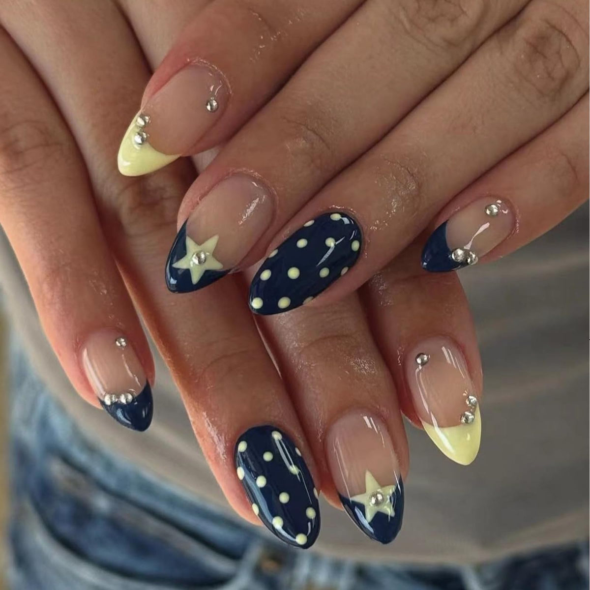 IMRAIN Medium Almond Silver Glitter French Tips False Nails with Rhinestone Designs - Glossy Full Cover Glue on Artificial Stiletto Nude Nails for Women Girls - 24 Pcs
