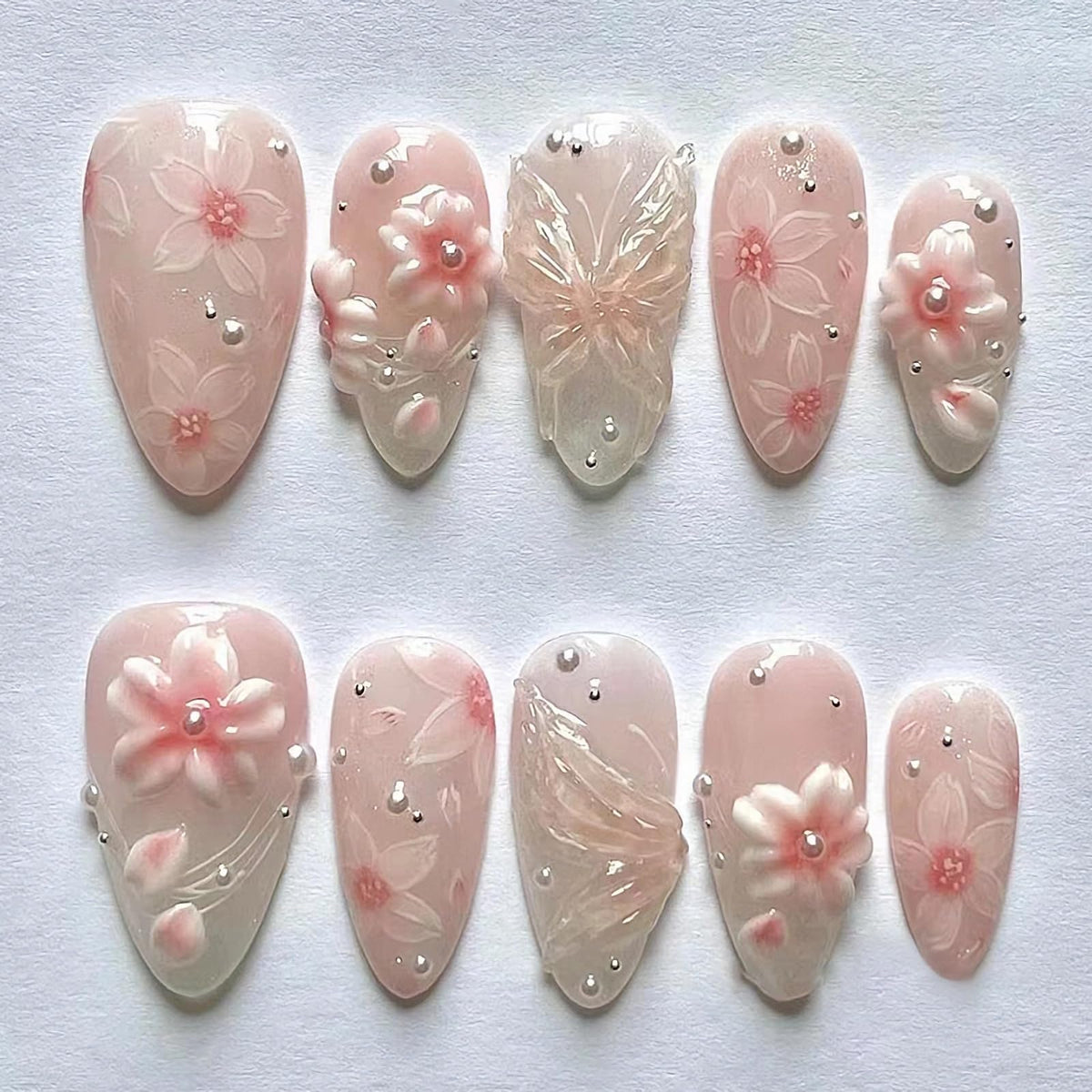 MERVF Medium Almond Press on Nails - White Ombre French Tip Fake Acrylic Nails, Rhinestones Gold Rings Design Wedding Glossy Finish 24pcs