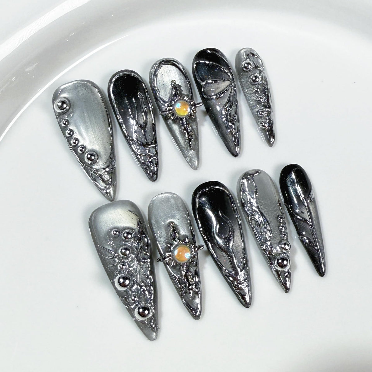 Star Moon Press on Nails Long Stiletto Fake Nails Pure Handcrafted Nail Mirror Effect Glue on Nails Glitter False Nail with Design Rhinestone Stick on Nail for Women Girls Luxury Manicure (M)