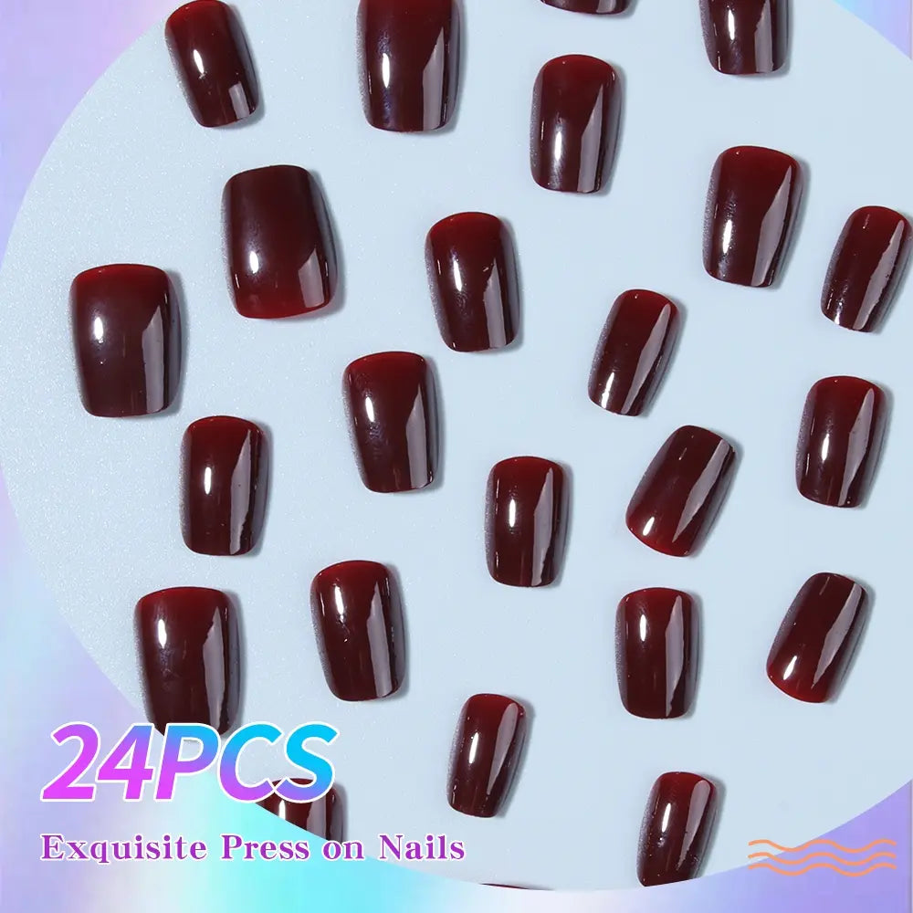 24pcs Short Square French Press-On Nails, Nails Press Ons, Wine Simple High-End Style, Acrylic Glossy False Nails Set, Fake Nails for Women and Girls, French Nail Art