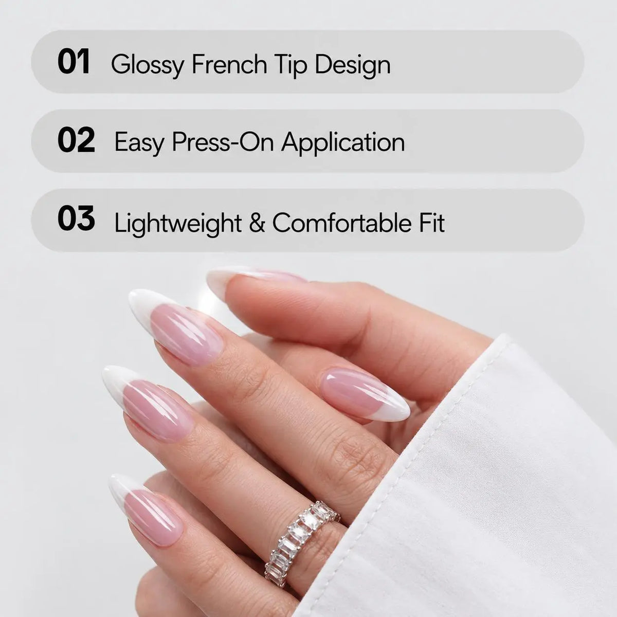 Almond Press On Nails 24PCS – French Tip & Chrome Design Fake Nails Set, Medium Length Stick On Nails for Women Nails Press Ons French Tips Nails