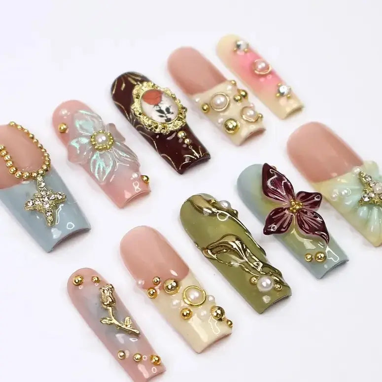 Elysian Romantic Press-On Nails – 3D Flowers, Gold & Pearl Details, Handmade Long Square Nails for Classic Elegance, Events and Gift For Her