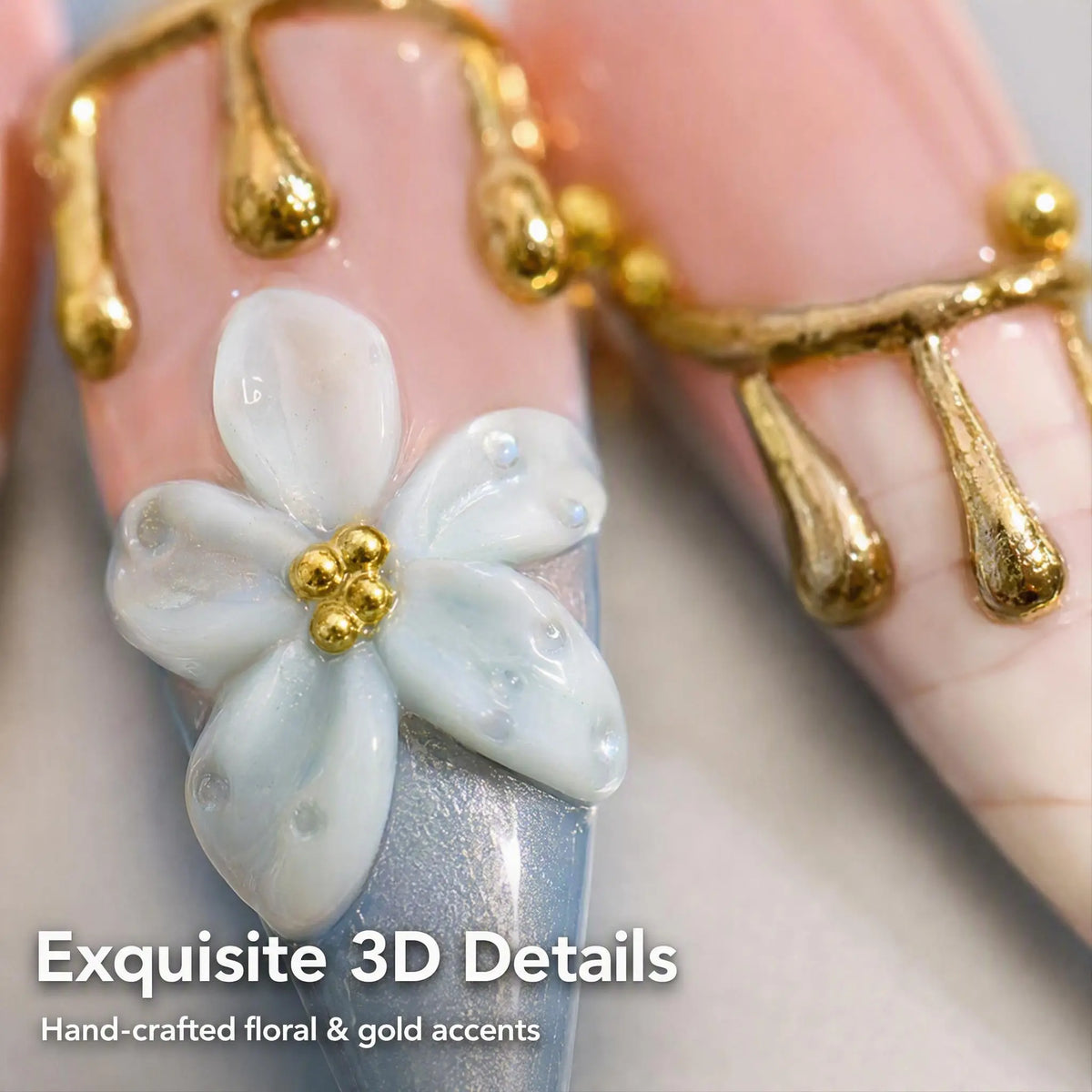 Angelcore Inspired Luxury Nail Art, Soft Pink Base with Ice Blue Chrome Effect, Gold Metal Details, Floral Texture and Elegant Minimal Design for Wedding Season, Fashion Events and Chic Everyday Looks