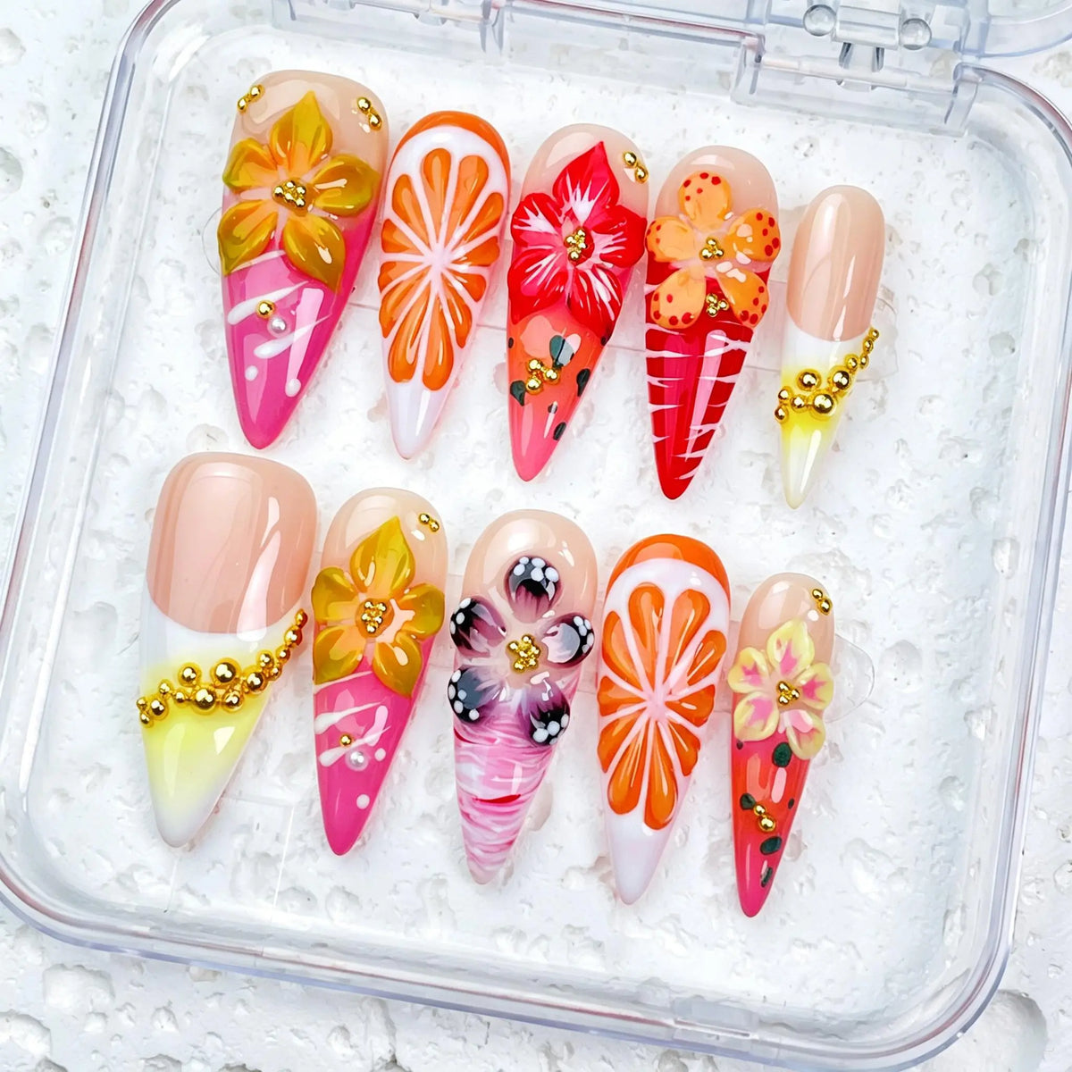 DivelleNails Handmade Press On Nails Collection 10pcs,Stiletto Nude Pink Gradient Nails,3D White Flower Gold Bangle Accent Blue Purple Heart Rhinestone,Reusable Acrylic False Nails