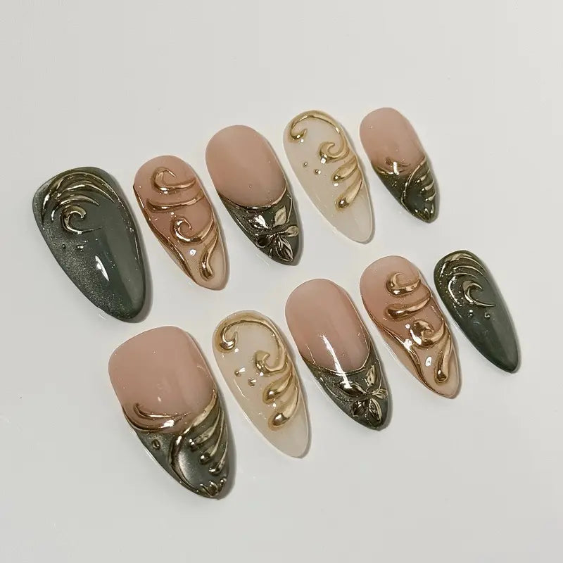 SHEDARES Elegant Swirl – Handmade Press-On Nails with Sculpted Gold Swirls & Sage Chrome Accents – Perfect for Weddings, Office Chic & Timeless Luxury