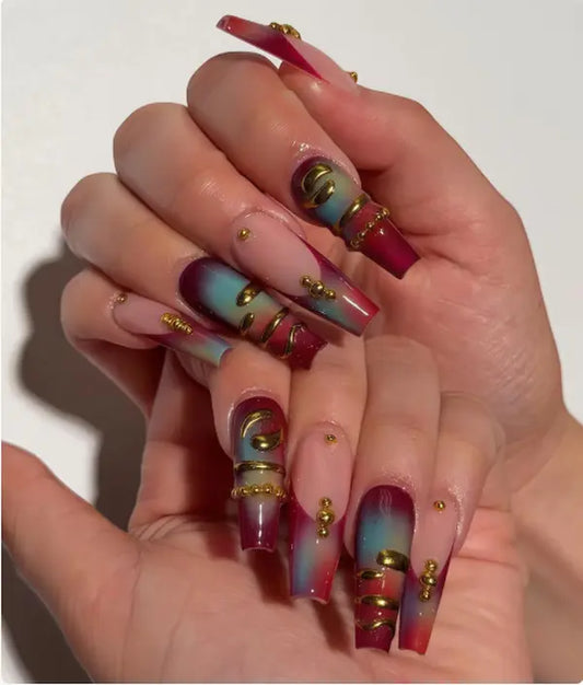 Gold Metallic Ombre Press On Nails, Long Coffin Gradient Fake Nails, Edgy Luxury Nail Art, Handmade Glossy Glue On Nails, Custom Statement Set