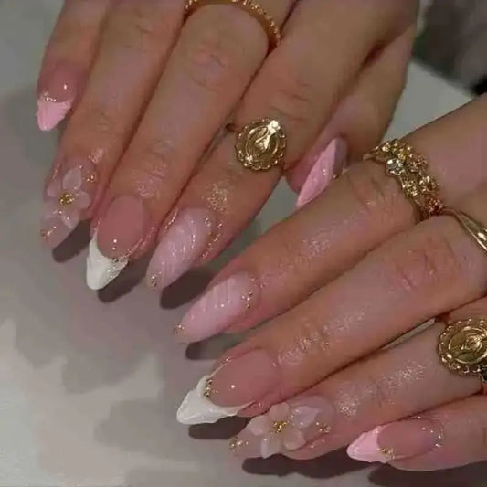 Women's Nude Pink 3D Flower Press-On Nails, Almond French Tip False Nails with Wavy Design, Glossy Reusable Acrylic Nail Set for Everyday Wear, Weddings & Parties