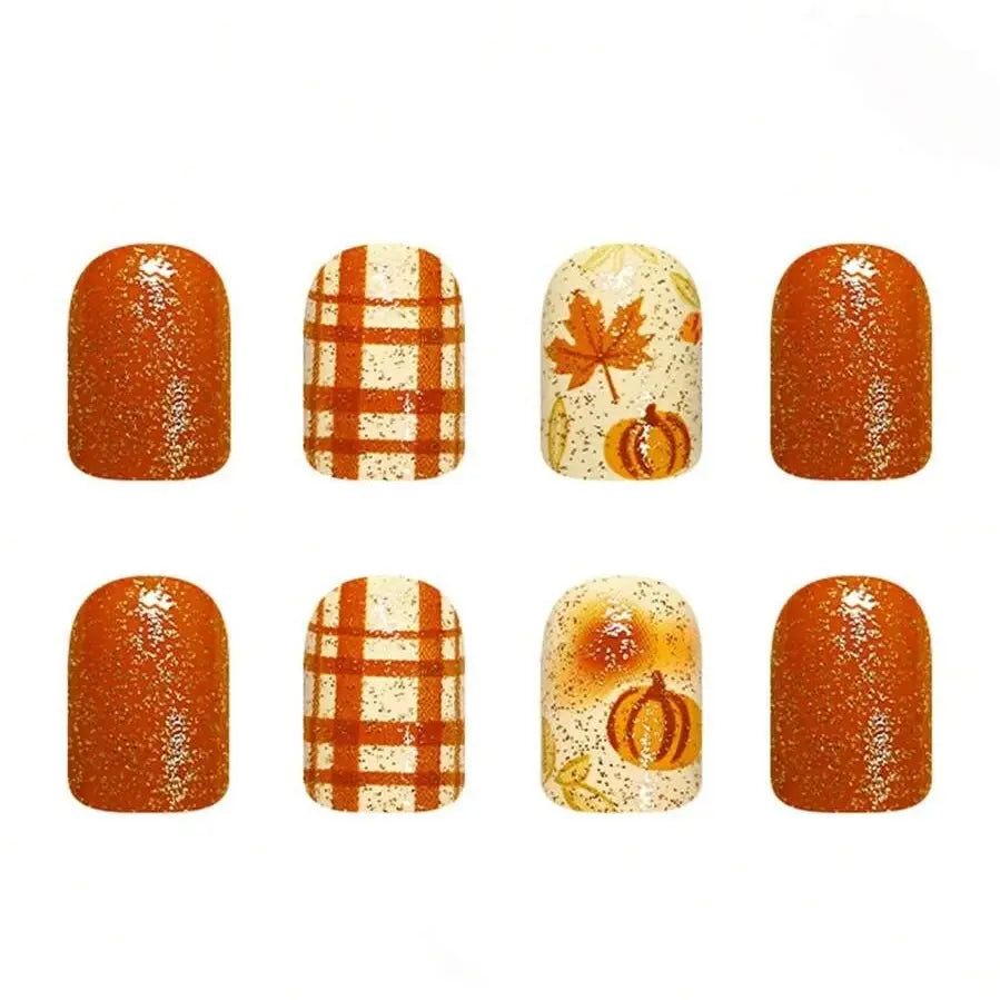 24pcs Short European Style Fake Nails, Orange Brown Pumpkin & Maple Leaf Gradient Plaid Line With Glitter, Full Coverage Removable Women's Nail Art Set, Suitable For Party, Ball And Daily Wear