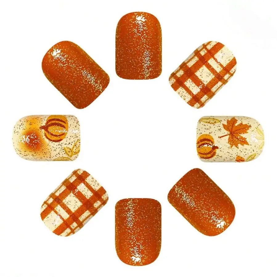 24pcs Short European Style Fake Nails, Orange Brown Pumpkin & Maple Leaf Gradient Plaid Line With Glitter, Full Coverage Removable Women's Nail Art Set, Suitable For Party, Ball And Daily Wear