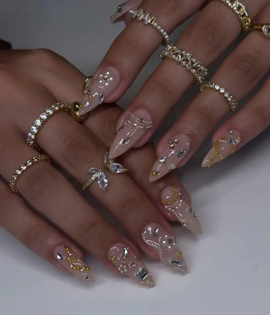 [Julina Beauty] Handmade Pearl & Gold Drip Luxury Stiletto Press On Nails | Elegant Bridal White Pearl Fake Nails | 3D Crystal Wedding, Event Nail Gem