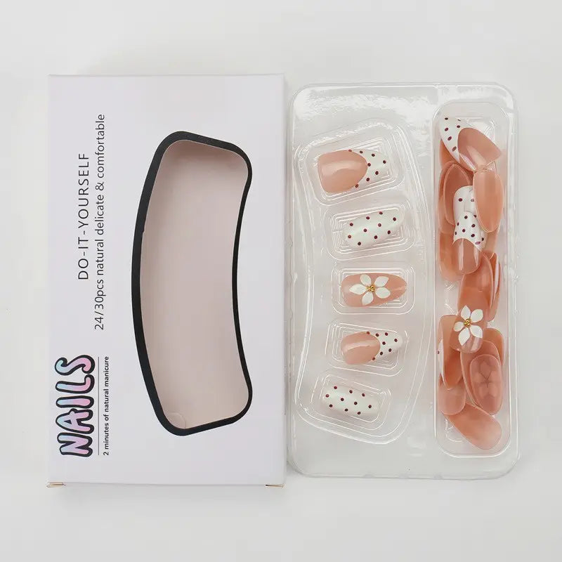 Salon-Quality Almond Fake Nails 30pcs, Polka Dot French Tip, 3D Flower Design, Reusable, Easy Application, No Nail Salon Needed for Women