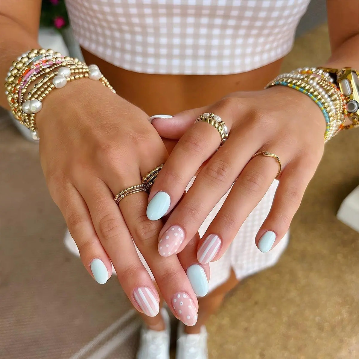 Women's 24pcs Pastel Blue Press-On Nails, Short Round Shape with Stripes & Polka Dots Design, Fake Nails for Daily Wear & Holiday Gift, Clean Girl Coquette Summer Aesthetic Fashion Accessory Set,sohochic