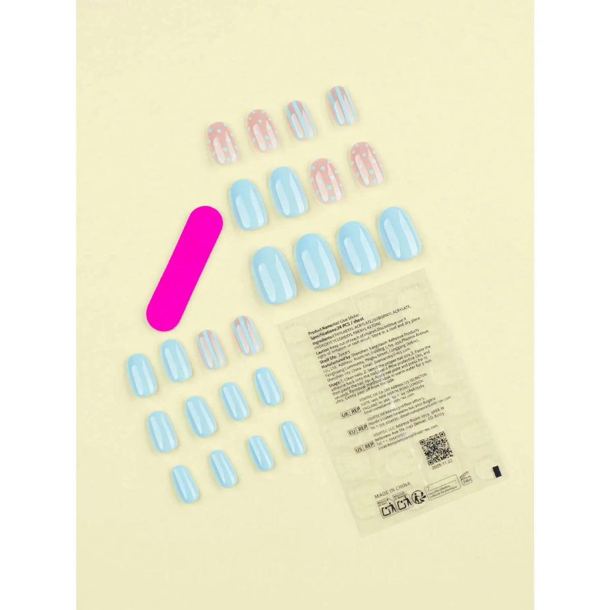 Women's 24pcs Pastel Blue Press-On Nails, Short Round Shape with Stripes & Polka Dots Design, Fake Nails for Daily Wear & Holiday Gift, Clean Girl Coquette Summer Aesthetic Fashion Accessory Set,sohochic