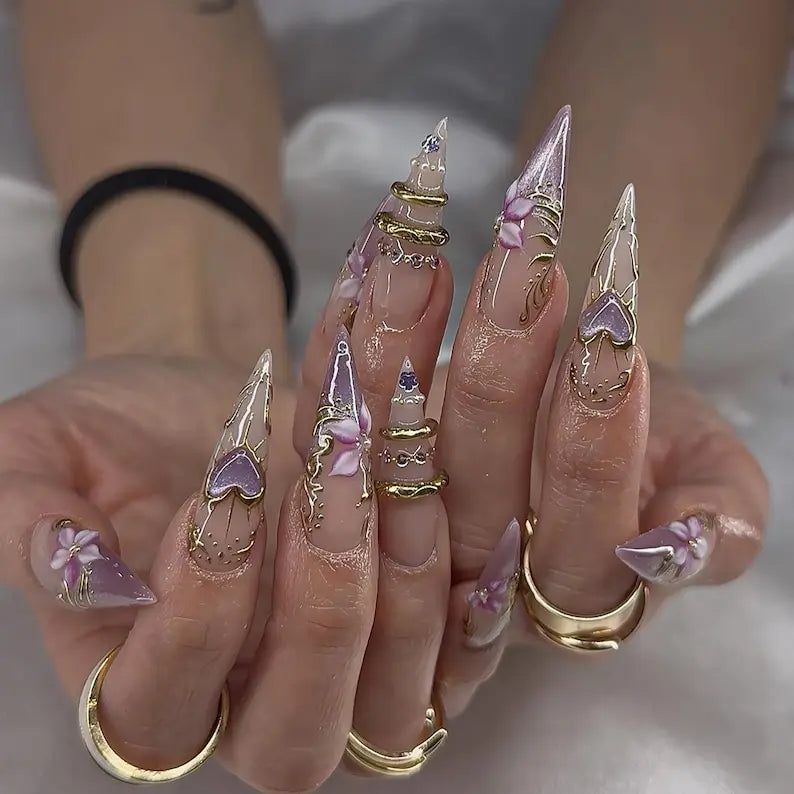 Luxury 3D Gold Filigree Press On Nails, Purple Floral Stiletto Nails, Elegant Victorian Aesthetic Fake Nails, Handmade Reusable Nails