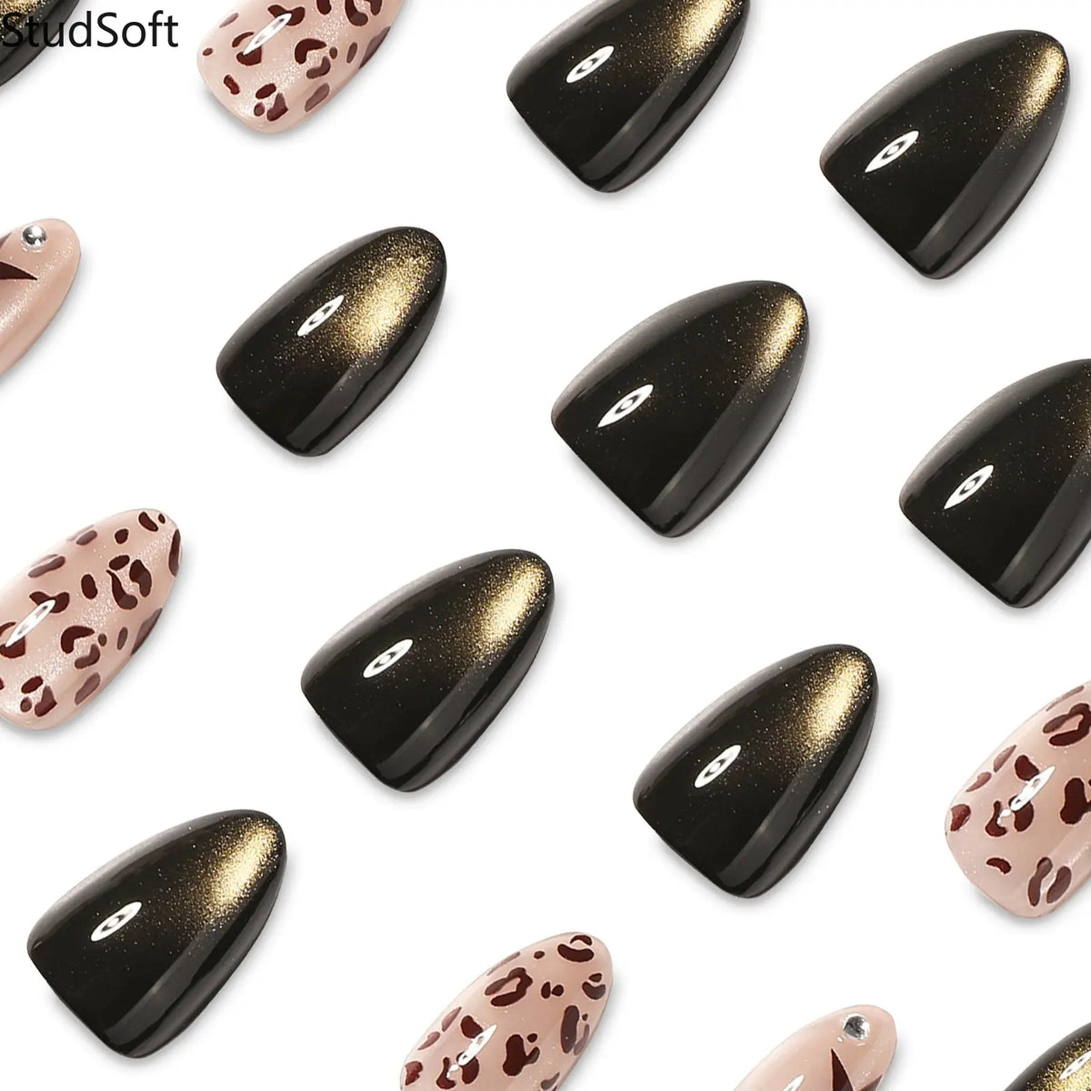 24pc Leopard Cat Eye Glossy Brown Star Fake Nails, Almond Shape Medium Reusable Press-On Nail Patches for Autumn Winter Manicures,sohochic