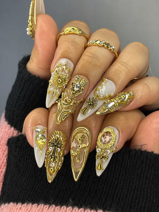 Freestyle Luxury Baroque Gold 3D Press On Nails with Cross Pearl Gem Design, Long Almond Handmade Gothic Nail Art Set For Party , Birthday